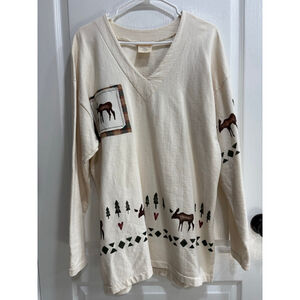 DESIGNS BY CAT Vintage Long Sleeve V Neck Top with Moose Prints & Hearts, Large